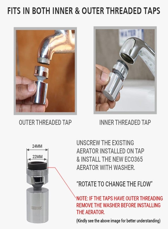 ECO365 Rotatable(360°) Swivel Dual Flow X22 Chrome Finish Aerator (Pack of 4) | Fits in both Inner(24mm) & Outer(22mm) Threaded Taps | Tap Extender with Jet & Eco Flow for Maximum Water Saving - Image 5